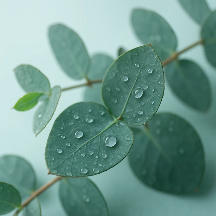 Hojas frescas de eucalipto con gotas de agua, activo de VenaSeel+