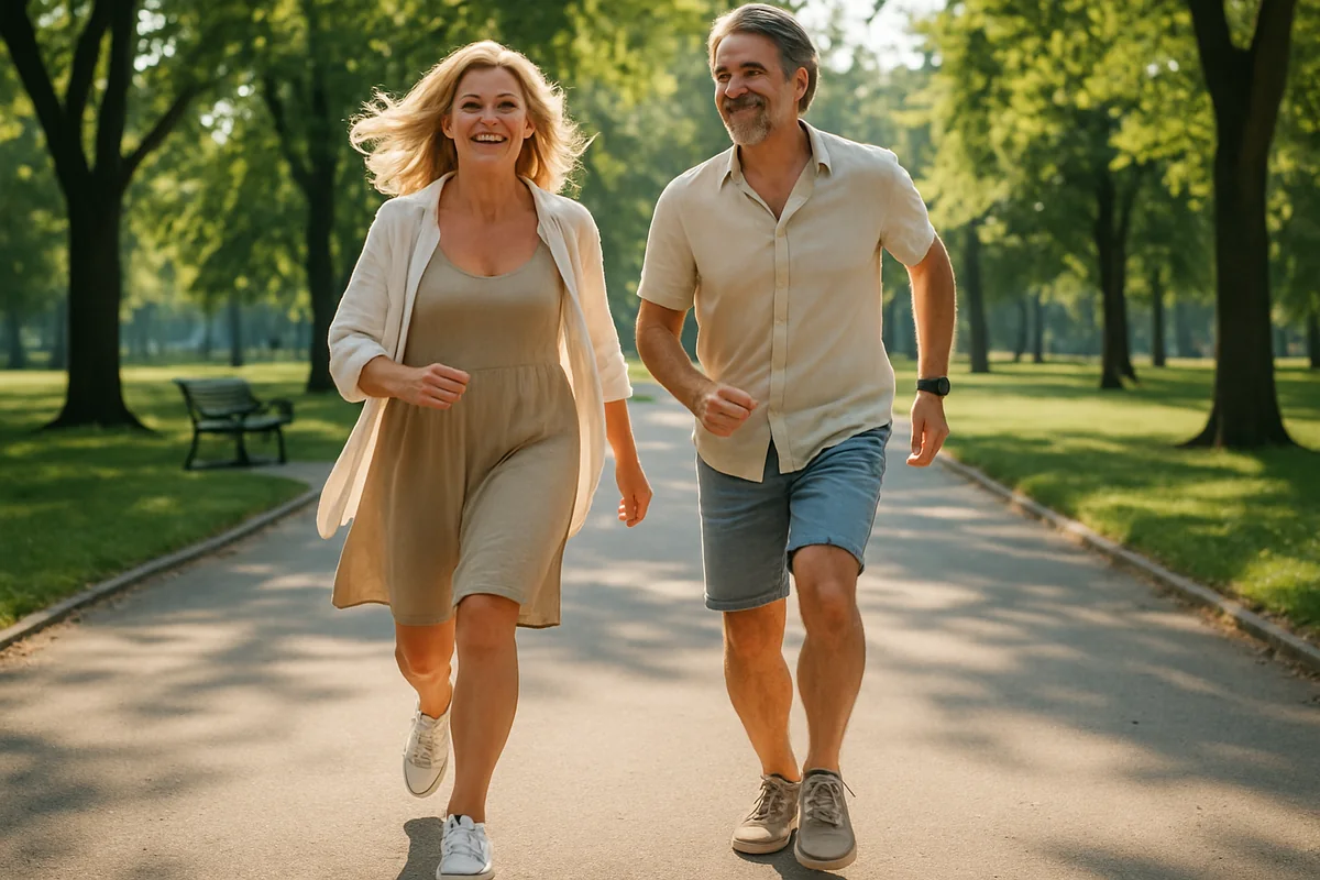 Pareja de más de 50 años caminando por el parque con las piernas ligeras