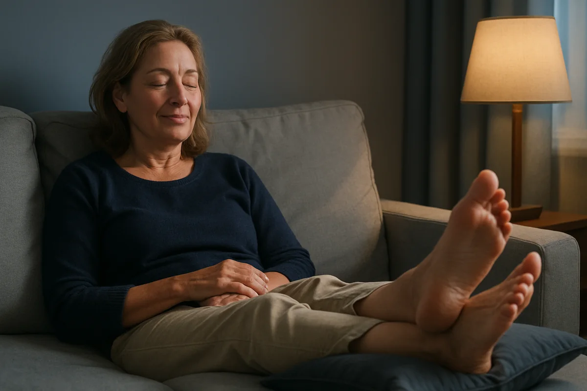 Donna sul divano con le gambe sollevate dopo aver applicato il gel