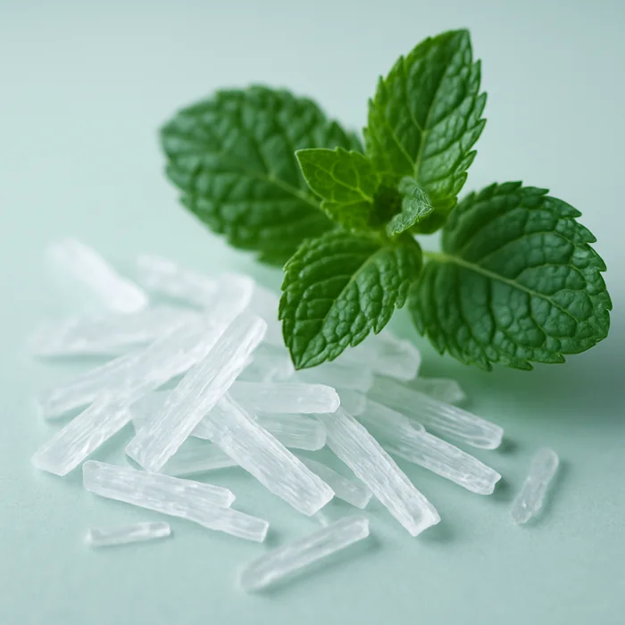 Cristalli di mentolo e foglie di menta, attivo rinfrescante di VenaSeel+
