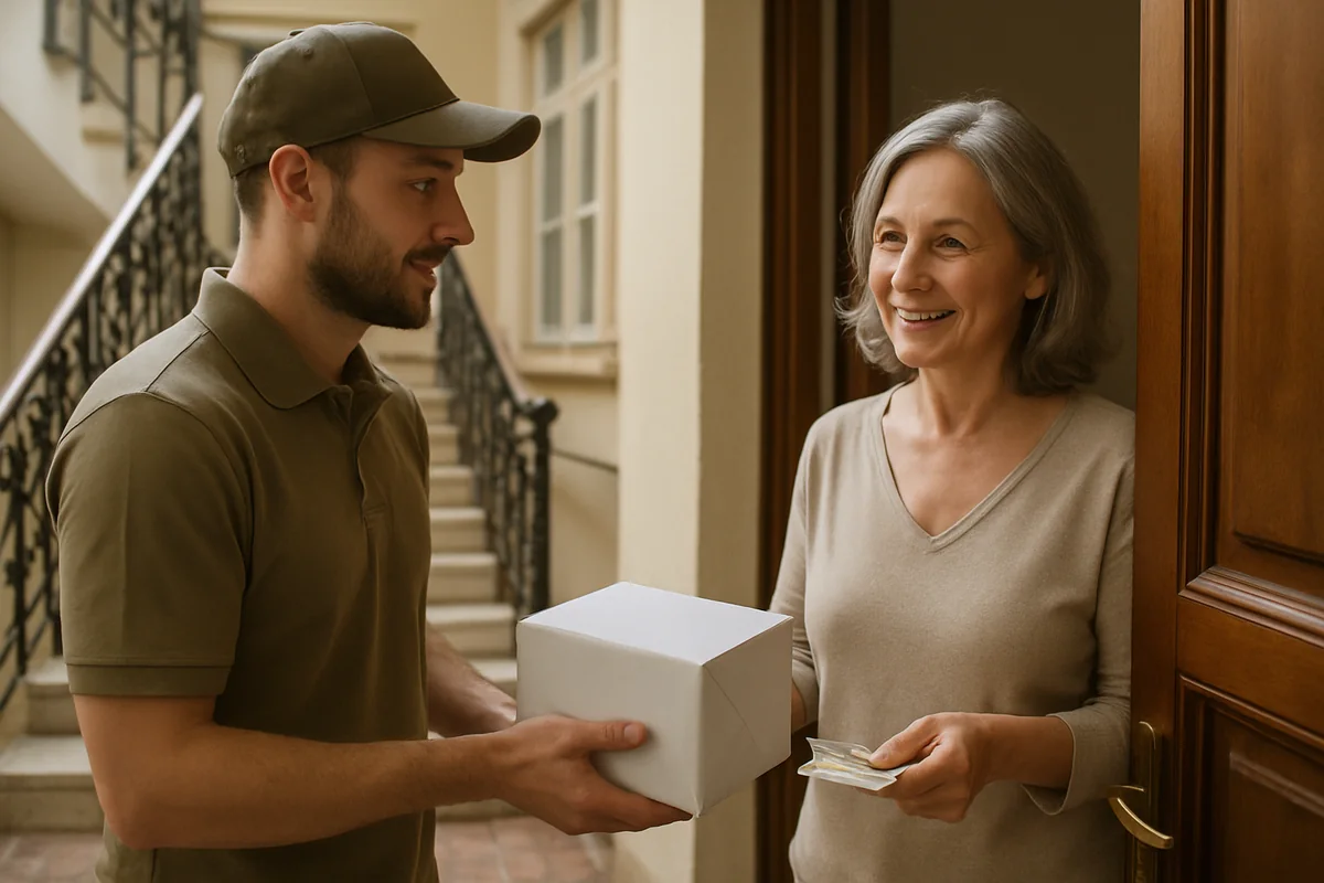 Corriere consegna il pacco VenaSeel+ a una cliente che paga in contanti alla porta
