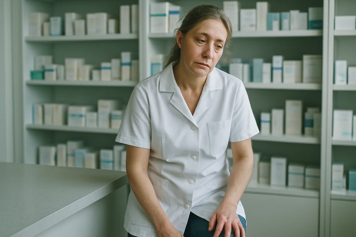 Mulher no trabalho, de pé, com as pernas cansadas ao fim do turno